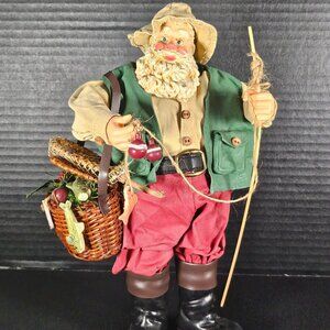Traditions Fabric Mache Fishing Santa Claus Figurine With Fishing Basket & Rod